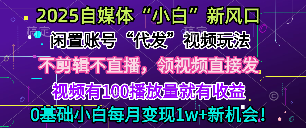 2025每月躺赚5w+新机会，闲置视频账号一键代发玩法，0粉不实名不剪辑，领了视频直接发，0基础小白也能日入300+-欧乐轻创网